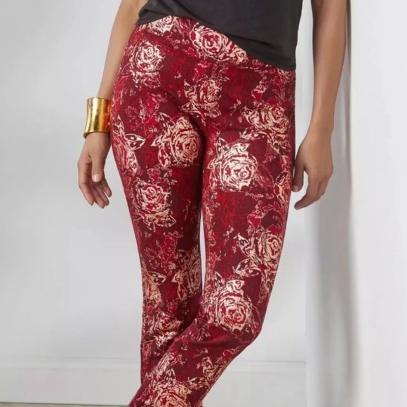 NWT Soft Surroundings Red & Gold Floral Perfect Ponte Straight Leg Serrano Pants - Picture 8 of 8